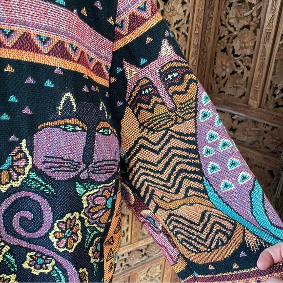 Original Vintage Laurel Burch Silverado Boho Cat Tapestry Blanket Knit Jacket - Picture 9 of 12